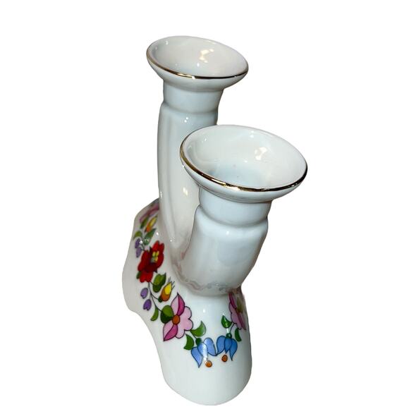 Kalocsa Hungary Handpainted Double Candle Holder Pair Floral Gold Trim Porcelain - Picture 7 of 11